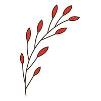 Abstract twig with red leaves. A blade of grass. Autumn time. Botanical, plant design element with outline. Doodle, hand-drawn. Flat design. Color vector illustration. Isolated on a white background.