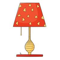 A table lamp with a red shade. Electric lighting device. Design element with outline. Doodle, hand-drawn. Flat design. Color vector illustration. Isolated on a white background.