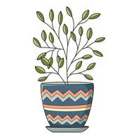 A houseplant in a blue pot with a pattern. Decorative design element with an outline. Doodle, hand-drawn. Flat design. Color vector illustration. Isolated on a white background.