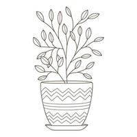 A houseplant in a pot with a pattern. Decorative design element with an outline. Doodle, hand-drawn. Black white vector illustration. Isolated on a white background