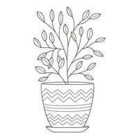 A houseplant in a pot with a pattern. Decorative design element with an outline. Doodle, hand-drawn. Black white vector illustration. Isolated on a white background