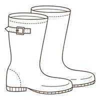 Rubber boots with a strap. Footwear.. Design element with outline. The theme of winter, autumn. Doodle, hand-drawn. Black white vector illustration. Isolated on a white background