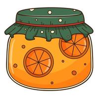 A nice jar of orange jam with a green wrapper. home-made preparations. Autumn, harvest. Food Design element with outline. Doodle, hand-drawn. Flat design. Color vector illustration. Isolated on white