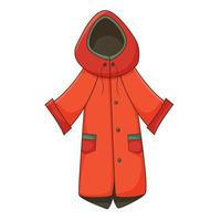 A red raincoat with a hood. Autumn outerwear. Design element with outline. Autumn theme. Doodle, hand-drawn. Flat design. Color vector illustration. Isolated on a white background.