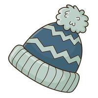 Blue hat with a pompom. Autumn and winter clothing. Design element with outline. The theme of winter, autumn. Doodle, hand-drawn. Flat design.Color vector illustration. Isolated on a white background.