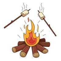 Marshmallows are fried on the fire. A wood-burning bonfire. Autumn entertainment. Decorative element with an outline. Doodle, hand-drawn. Flat design. Color vector illustration. Isolated on white
