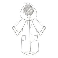 A raincoat with a hood. Autumn outerwear. Design element with outline. Autumn theme. Doodle, hand-drawn. Black white vector illustration. Isolated on a white background