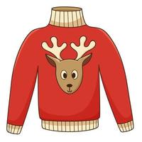 Red jacket with a cute deer. A warm sweater. Autumn clothing. Design element with outline. Autumn theme. Doodle, hand-drawn. Flat design. Color vector illustration. Isolated on a white background