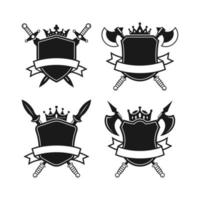 Badge shield knight weapon and king crown with ribbon logo design collection