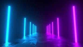 avanzando por un pasillo de hormigón iluminado con luces de neón azules y violetas. Animación de vídeo 4k