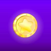 Cartoon gold game coin isolated. Vector illustration design element. Button for game ui design. Gold money with star for token bonus.