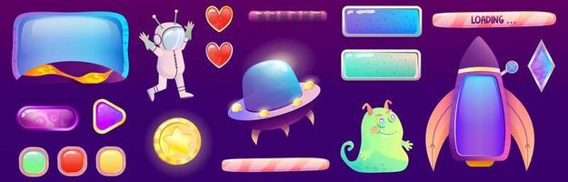 Space assets for ui game interface with alien, Spaceship and flying saucer. Buttons and screen for application. Cartoon vector illustration. Monster and rocket 2d game art