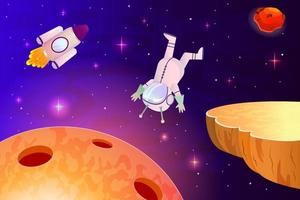 Galaxy landscape with planet mars and alien in space. Flying astronaut and cosmic rocket. Ufo in a spacesuit. Vector illustration in cartoon style. Background for space game interface