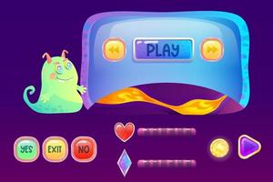 Space assets for ui game interface with monster alien, screen, buttons and planet with lava. Buttons and screen for application. Cartoon vector illustration