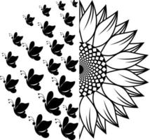 Side view of multiple butterfly silhouettes and half sunflower outline vector. vector