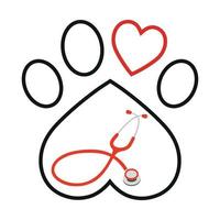 Dog paw veterinary emblem with heart shaped stethoscope vector