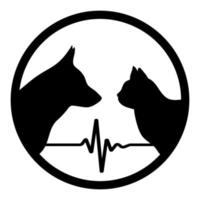 emblema veterinario silueta de un perro y un gato en un círculo con pulso vector