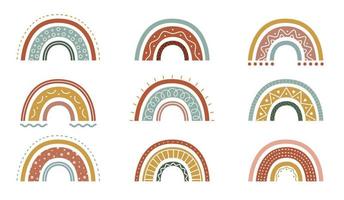 conjunto de arco iris orgánicos. patrón lindo en arco en estilo boho. diseño escandinavo para estampado de bebé. ilustración vectorial en estilo garabato dibujado a mano aislado sobre fondo blanco. vector