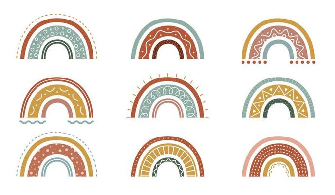Set of organic rainbows. Cute pattern on arch in boho style. Scandinavian design for baby print. Vector illustration in  hand drawn doodle style isolated on white background.