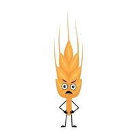 Cute ear of wheat character with angry emotions, grumpy face, furious eyes, arms and legs. Healthy cereal with irritated expression and posture, vitamin rich food. Vector flat illustration