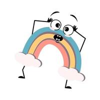 Cute rainbow character with panic emotions, surprised face, shocked eyes, arms and legs. Person with scared expression and pose. Vector flat illustration