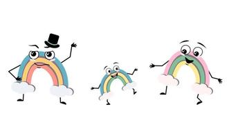 Family of rainbow character with happy emotions and poses, smile face, eyes, arms and legs. Mom is happy, dad is wearing hat and child with dancing pose. Vector flat illustration