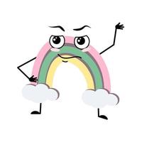 Cute rainbow character with emotions of hero, brave face, arms and leg. Person with courage expression and pose. Vector flat illustration