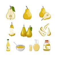 conjunto de iconos de pera amarilla. frutas enteras y mitades con semillas y hojas, trozo, jugo de pera en botella, jarra y vaso, mermelada en frasco y trozos en tazón. alimentos dulces para la dieta. ilustración plana vectorial vector