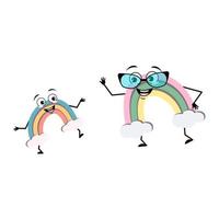 lindo personaje de arco iris con gafas y nieto personaje de baile emoción feliz, cara, ojos sonrientes, brazos y piernas. persona con expresión divertida y pose. ilustración plana vectorial vector