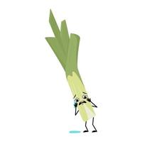 Cute green leek character with crying and tears emotion, sad face, depressive eyes, arms and legs. Healthy vegetable with melancholy expression and posture, rich in vitamins. Vector flat illustration