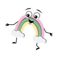 lindo personaje de arco iris con emoción feliz, cara alegre, ojos sonrientes, brazos y piernas. persona con expresión divertida y pose. ilustración plana vectorial vector