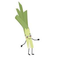 Cute green leek character with joyful emotions, happy face, smile eyes, arms and legs. Healthy vegetable with funny expression and posture, rich in vitamins. Vector flat illustration