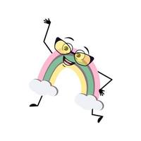 Cute rainbow character with glasses and happy emotion, face, smile eyes, arms and legs. Person with funny expression and pose. Vector flat illustration