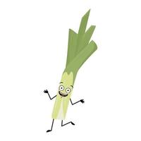 Cute green leek character with crazy joyful emotions, happy face, smile eyes, dancing arms and legs. Healthy vegetable with funny expression and posture, rich in vitamins. Vector flat illustration