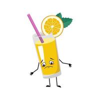 Orange smoothie with fruit and straw character with sad emotions, depressed face, down eyes, arms and legs. Healthy drink in glass melancholy expression and pose. Vector flat illustration