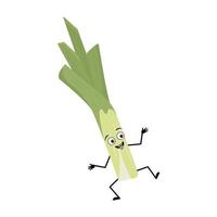 Cute green leek character with joyful emotions, happy face, smile eyes, arms and legs. Healthy vegetable with funny expression and posture, rich in vitamins. Vector flat illustration