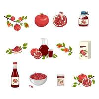 Red pomegranate icons set. Whole fruits and halves with grains, leaf and flower, juice in bottle and pack, jug and glass, jam in jar and pieces in bowl. Sweet food for diet. Vector flat illustration