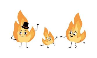 Family of fire flame character with happy emotions and poses, smile face, eyes, arms and legs. Mom is happy, dad is wearing hat and child with dancing pose. Vector flat illustration