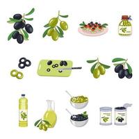 Set of Greek olives. Open and closed canning metal and glass jar, berries in bowl, olive oil in bottle and jug, cutting board with knife, fingerfood and snack on plate. Vector flat illustration