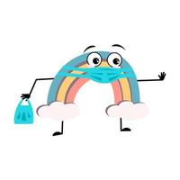 Cute rainbow character with face in medical mask and keep distance, hands with shopping bag and stop gesture. Person with care expression and pose. Vector flat illustration