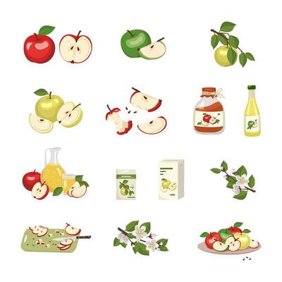 Apple icons set. Whole fruit and half with seed and leaf, stub, juice in bottle, jug and glass, jam in jar and pieces on cut board. Sweet food for diet, flowering branches. Vector flat illustration