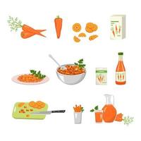 Carrot icon and products from it. Healthy food, orange vegetable. Source of vitamin A, sweet snack. Carrot root for plant, juice in pack, bottle, jug or glass, chopped pieces. Vector flat illustration
