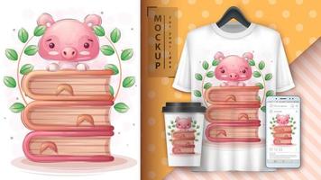 personaje de dibujos animados adorable cerdo con libro vector
