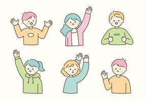 Characters with cute faces have positive expressions. People are raising their hands in various poses. vector