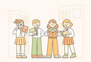 Students in school uniforms are in the library. Each is standing with a book. vector