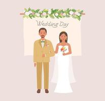 Bride and groom characters standing in front of a card decorated with flowers. vector