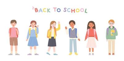 Back to school. Cute children standing with school bags. vector