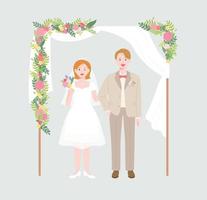 A cute bride in a miniskirt and a cute ponytail in a bow tie stand under a frame decorated with flowers. vector