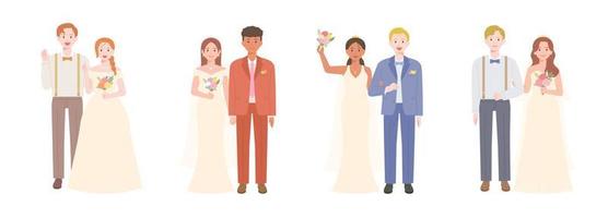Collection of characters of the bride and groom of different races in wedding dresses. vector