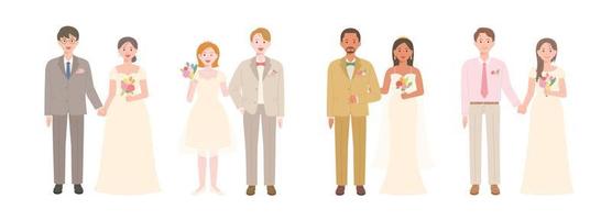 Collection of cute bride and groom characters in wedding dresses. vector